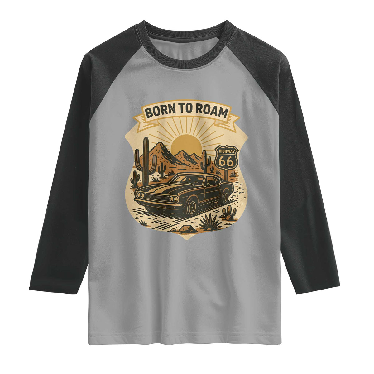 Vintage Muscle Car Route Highway 66 Raglan Shirt Born To Roam Road Trip