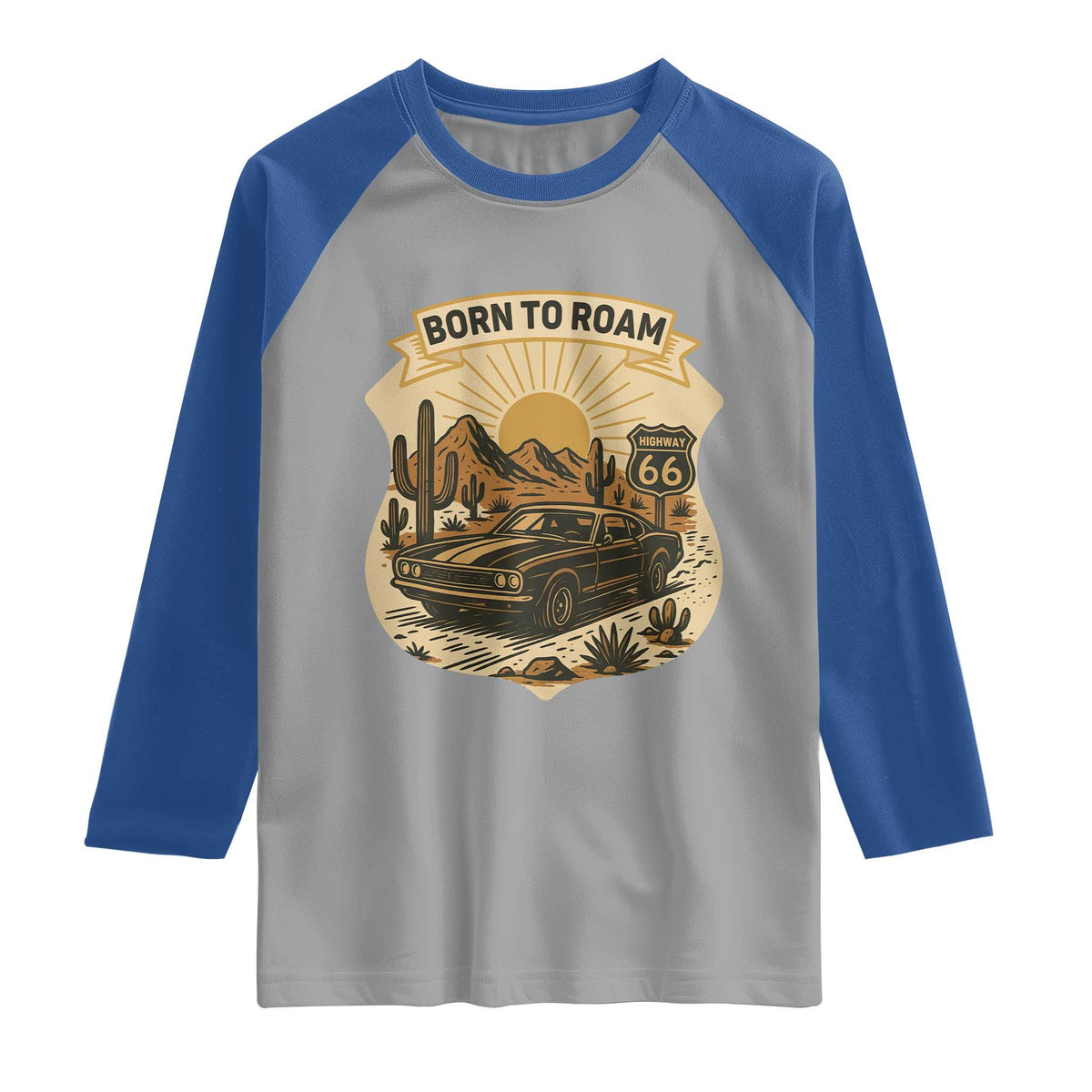Vintage Muscle Car Route Highway 66 Raglan Shirt Born To Roam Road Trip