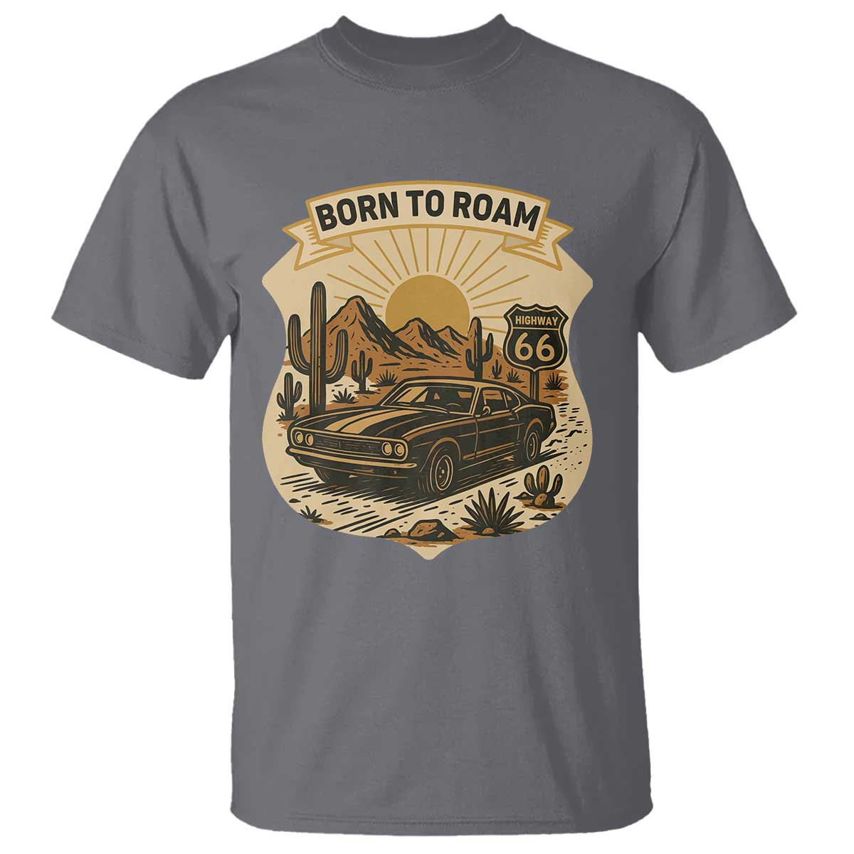 Vintage Muscle Car Route Highway 66 T Shirt Born To Roam Road Trip
