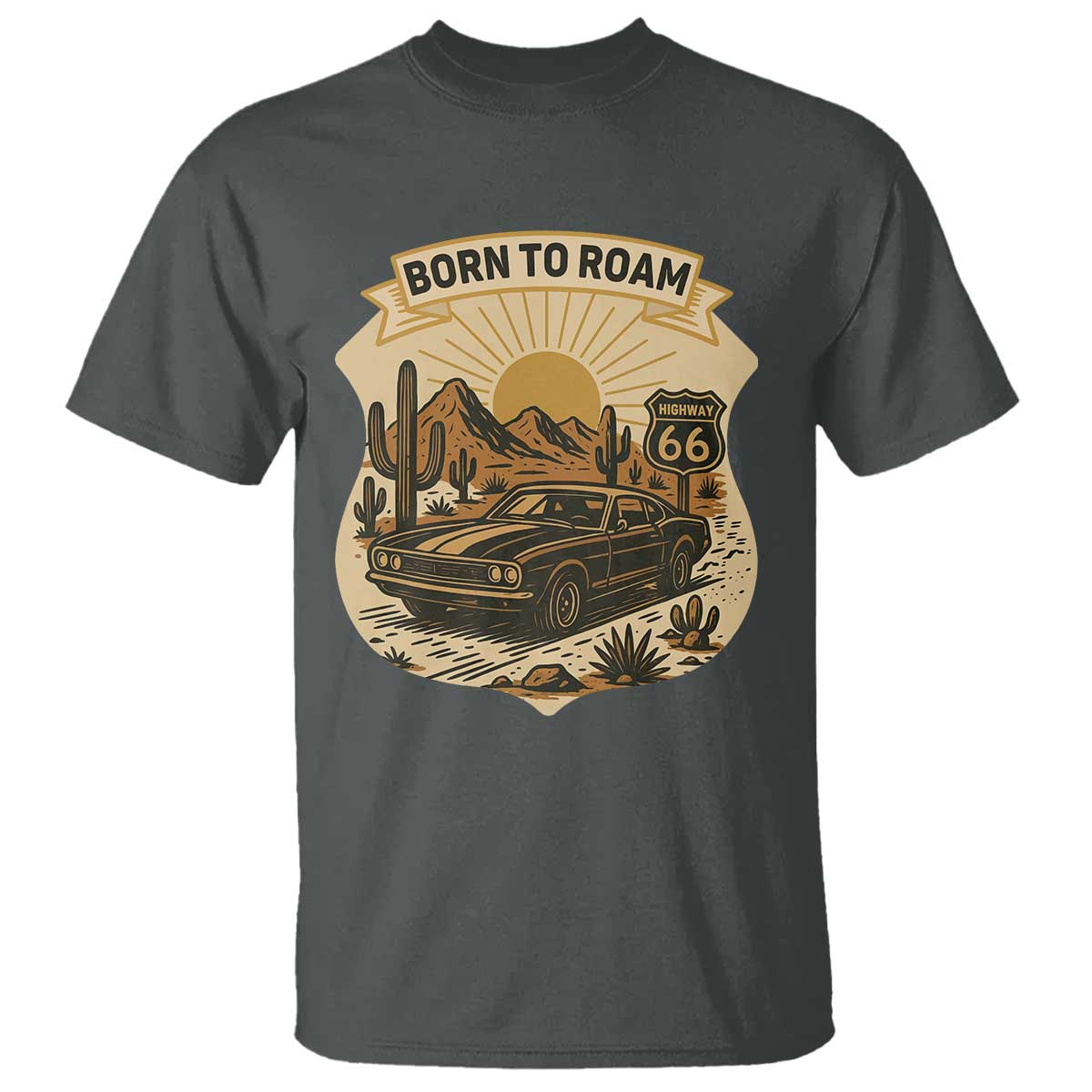 Vintage Muscle Car Route Highway 66 T Shirt Born To Roam Road Trip