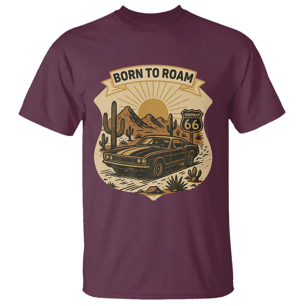 Vintage Muscle Car Route Highway 66 T Shirt Born To Roam Road Trip