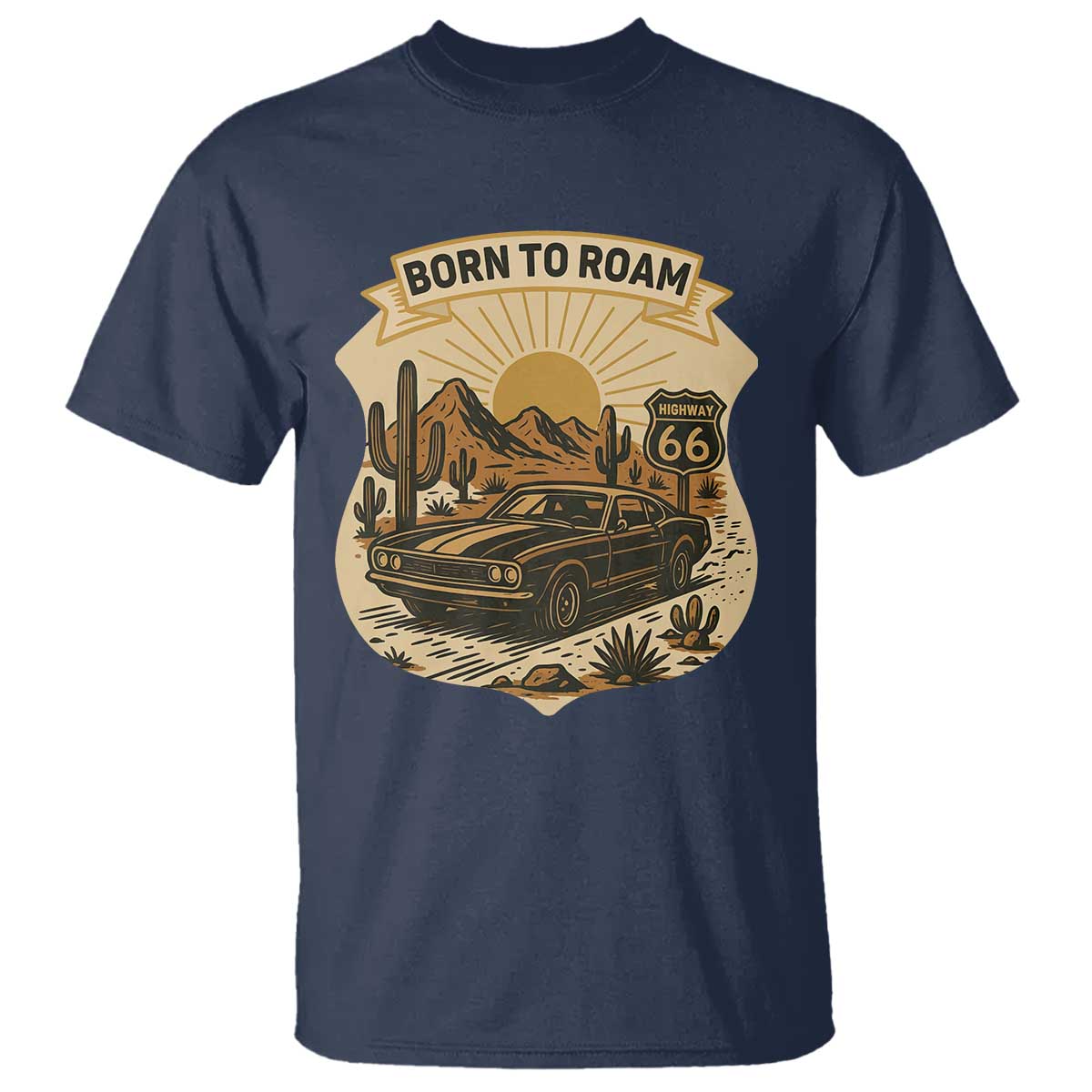 Vintage Muscle Car Route Highway 66 T Shirt Born To Roam Road Trip