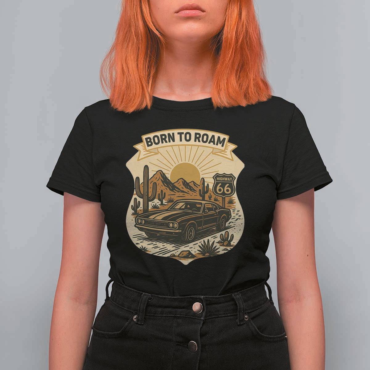 Vintage Muscle Car Route Highway 66 T Shirt For Women Born To Roam Road Trip