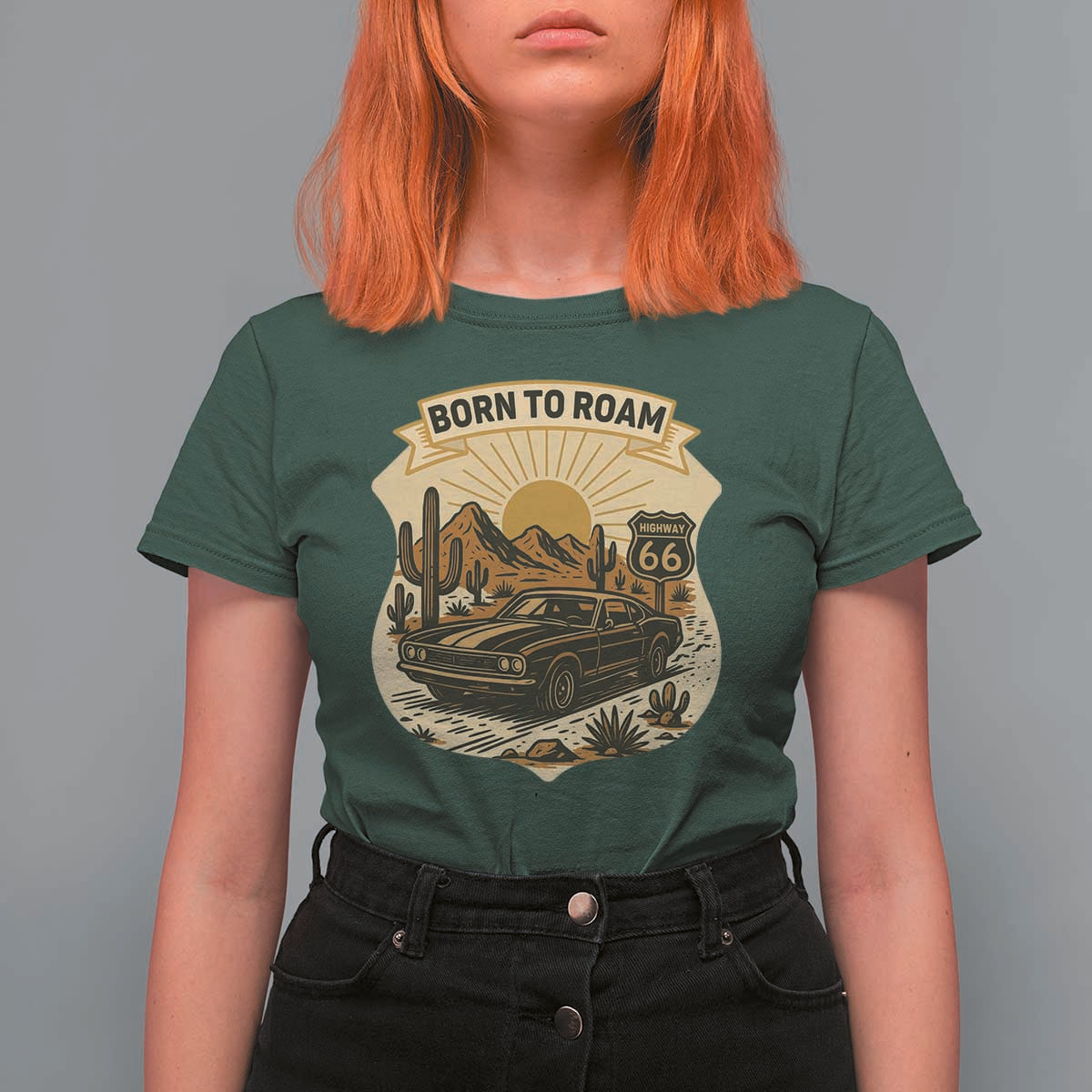 Vintage Muscle Car Route Highway 66 T Shirt For Women Born To Roam Road Trip