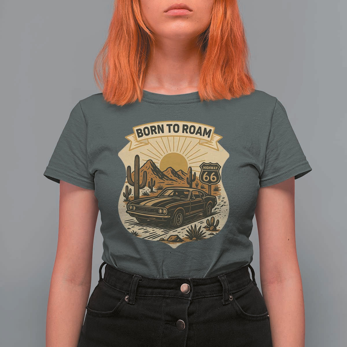 Vintage Muscle Car Route Highway 66 T Shirt For Women Born To Roam Road Trip