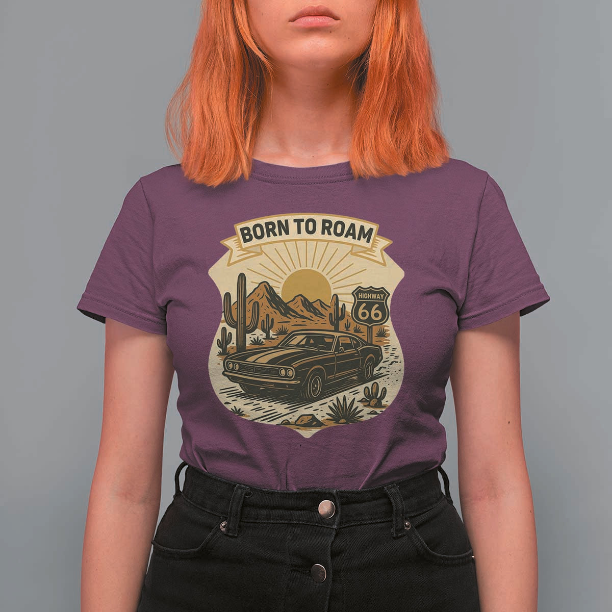 Vintage Muscle Car Route Highway 66 T Shirt For Women Born To Roam Road Trip