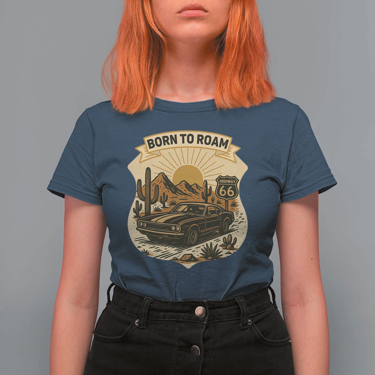 Vintage Muscle Car Route Highway 66 T Shirt For Women Born To Roam Road Trip