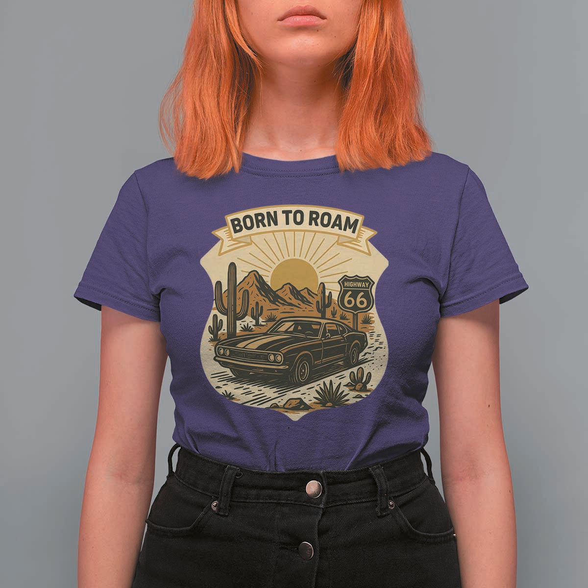 Vintage Muscle Car Route Highway 66 T Shirt For Women Born To Roam Road Trip