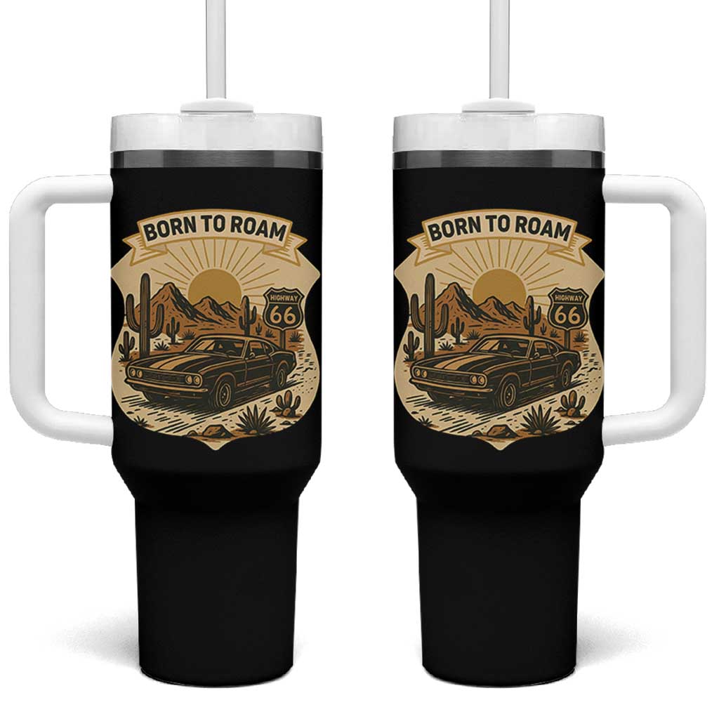 Vintage Muscle Car Route Highway 66 Tumbler With Handle Born To Roam Road Trip
