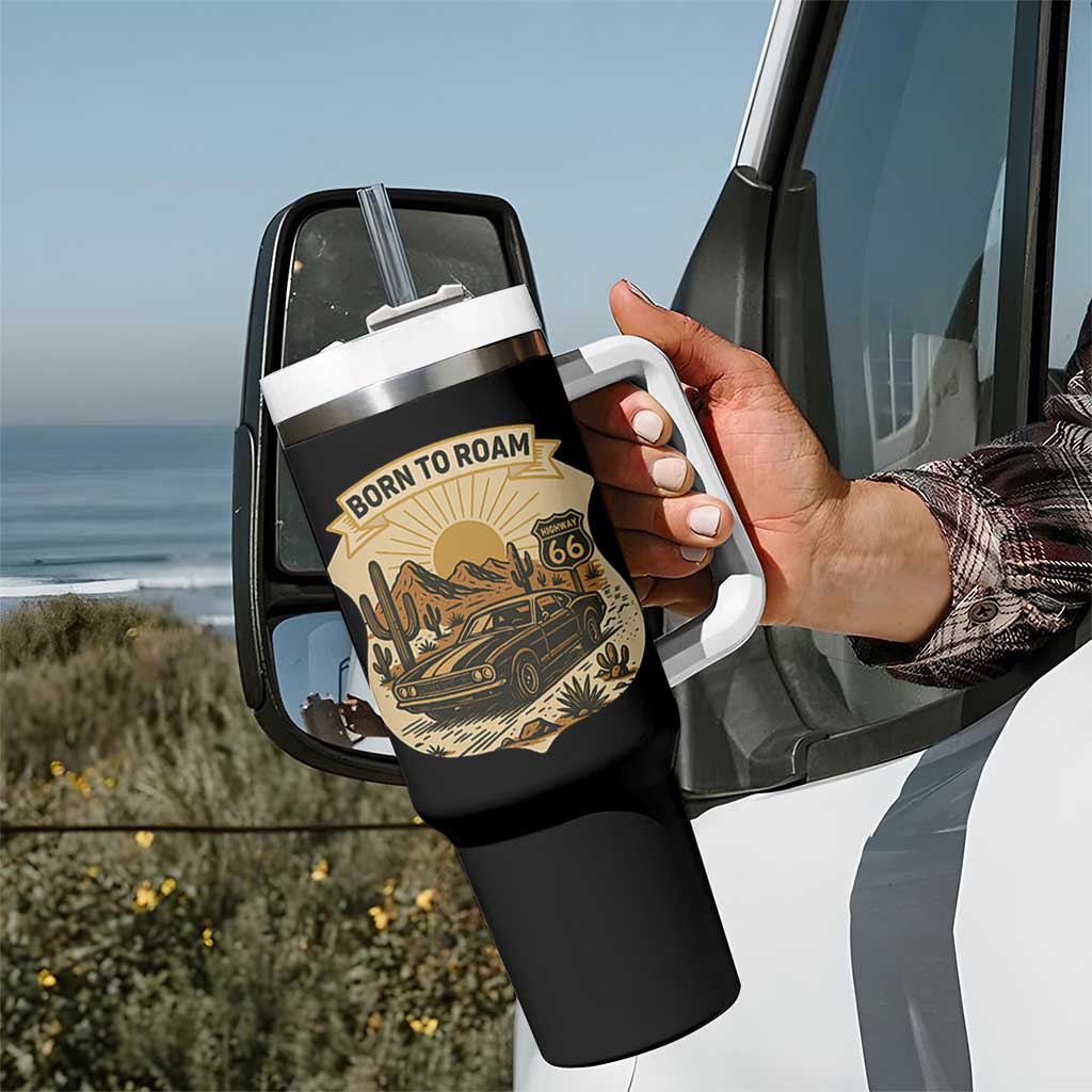 Vintage Muscle Car Route Highway 66 Tumbler With Handle Born To Roam Road Trip