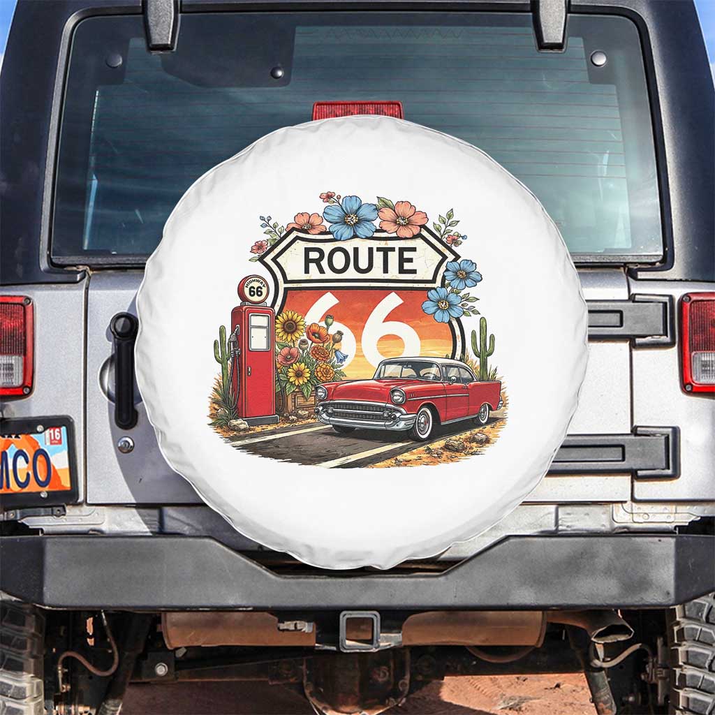 Retro Route Highway 66 Spare Tire Cover Boho Wildflower Americana Floral