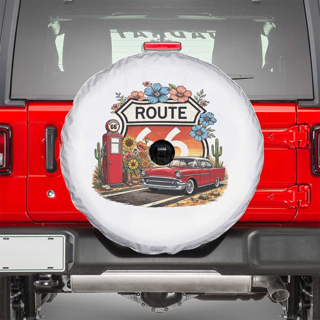 Retro Route Highway 66 Spare Tire Cover Boho Wildflower Americana Floral