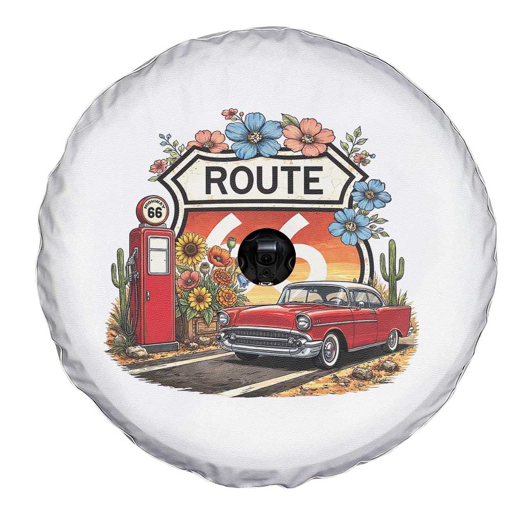 Retro Route Highway 66 Spare Tire Cover Boho Wildflower Americana Floral