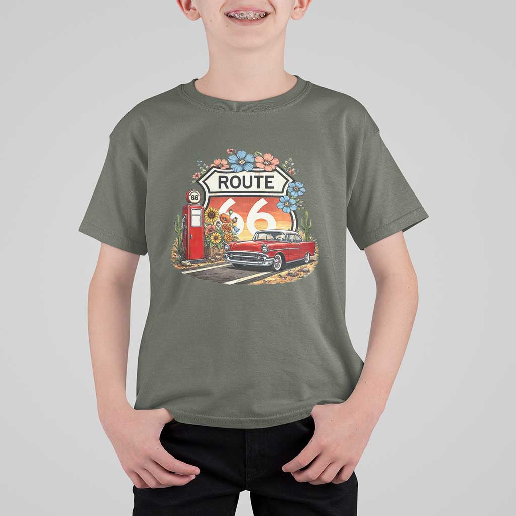 Retro Route Highway 66 T Shirt For Kid Boho Wildflower Americana Floral