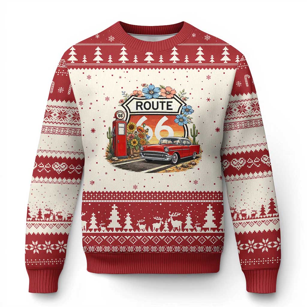 Retro Route Highway 66 Ugly Christmas Sweater Boho Wildflower Americana Floral
