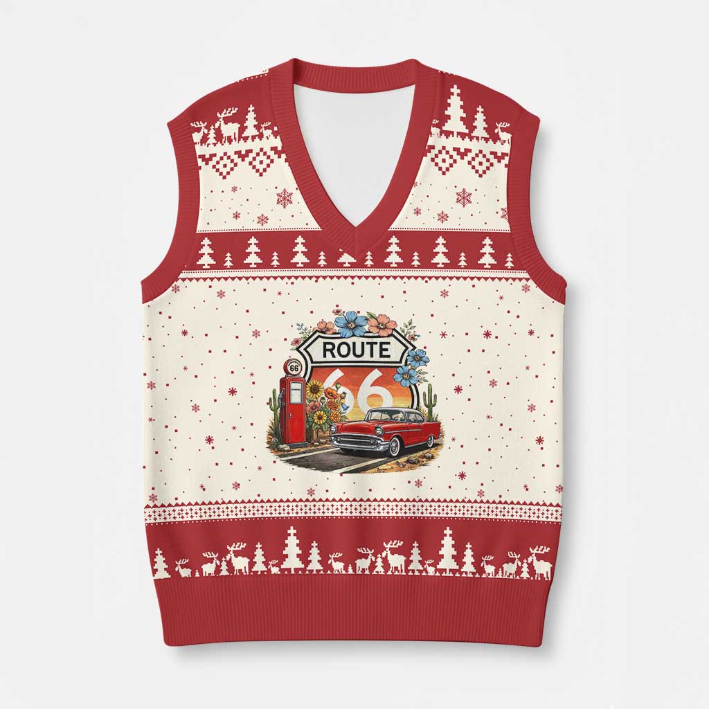 Retro Route Highway 66 V-Neck Knit Sweater Vest Boho Wildflower Americana Floral