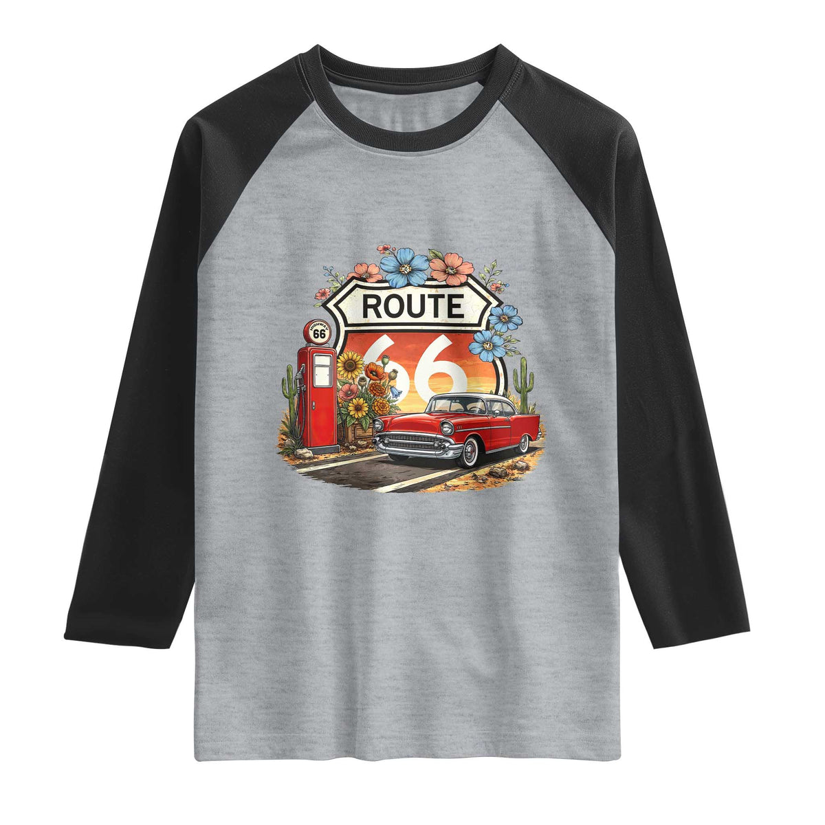 Retro Route Highway 66 Raglan Shirt Boho Wildflower Americana Floral
