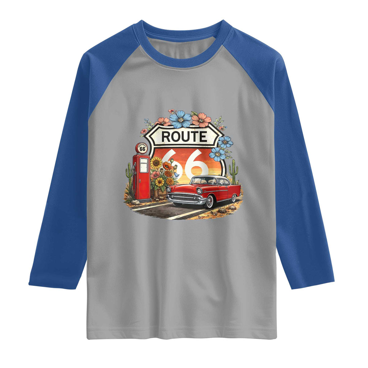 Retro Route Highway 66 Raglan Shirt Boho Wildflower Americana Floral