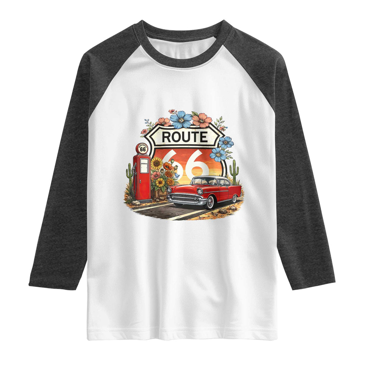 Retro Route Highway 66 Raglan Shirt Boho Wildflower Americana Floral