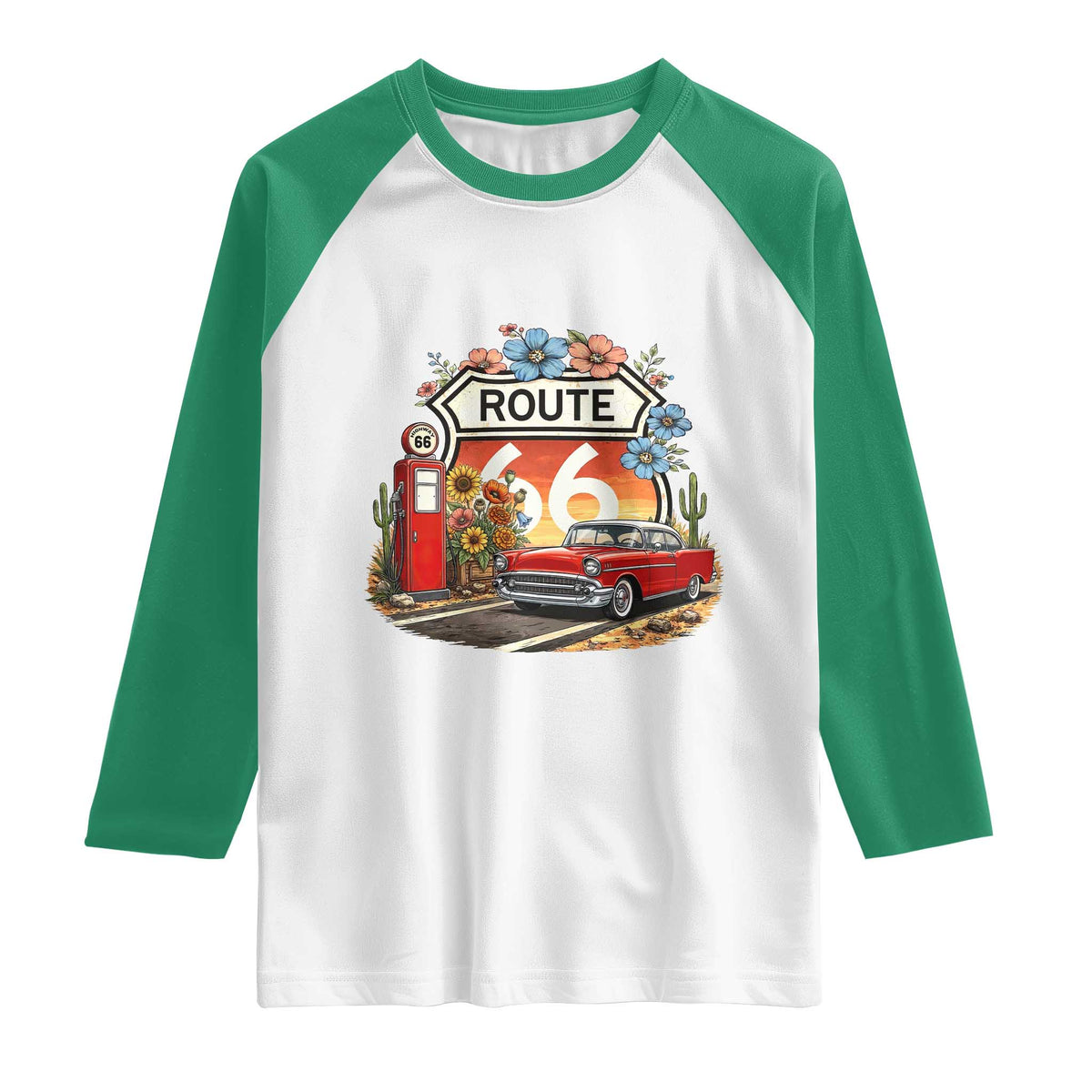 Retro Route Highway 66 Raglan Shirt Boho Wildflower Americana Floral