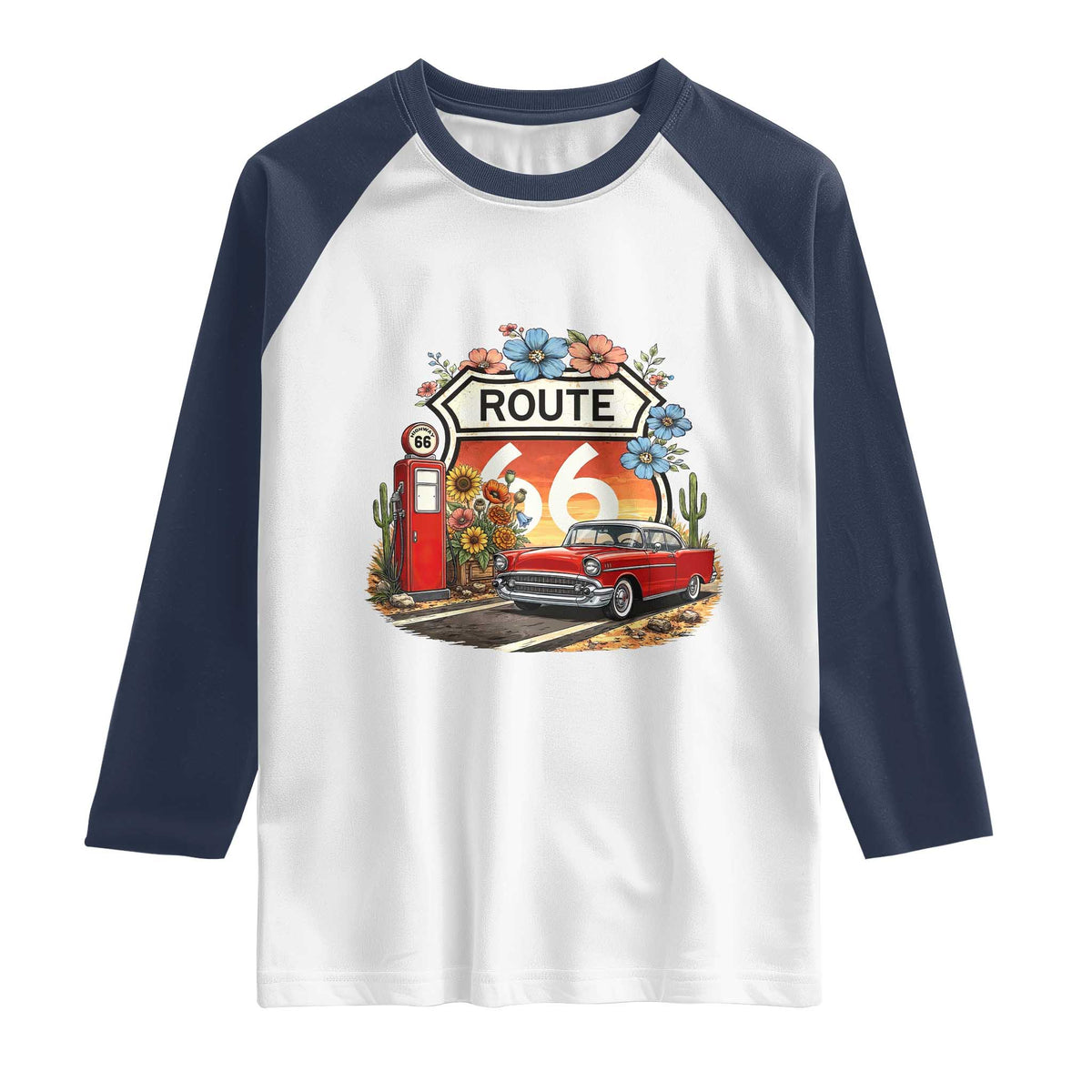Retro Route Highway 66 Raglan Shirt Boho Wildflower Americana Floral