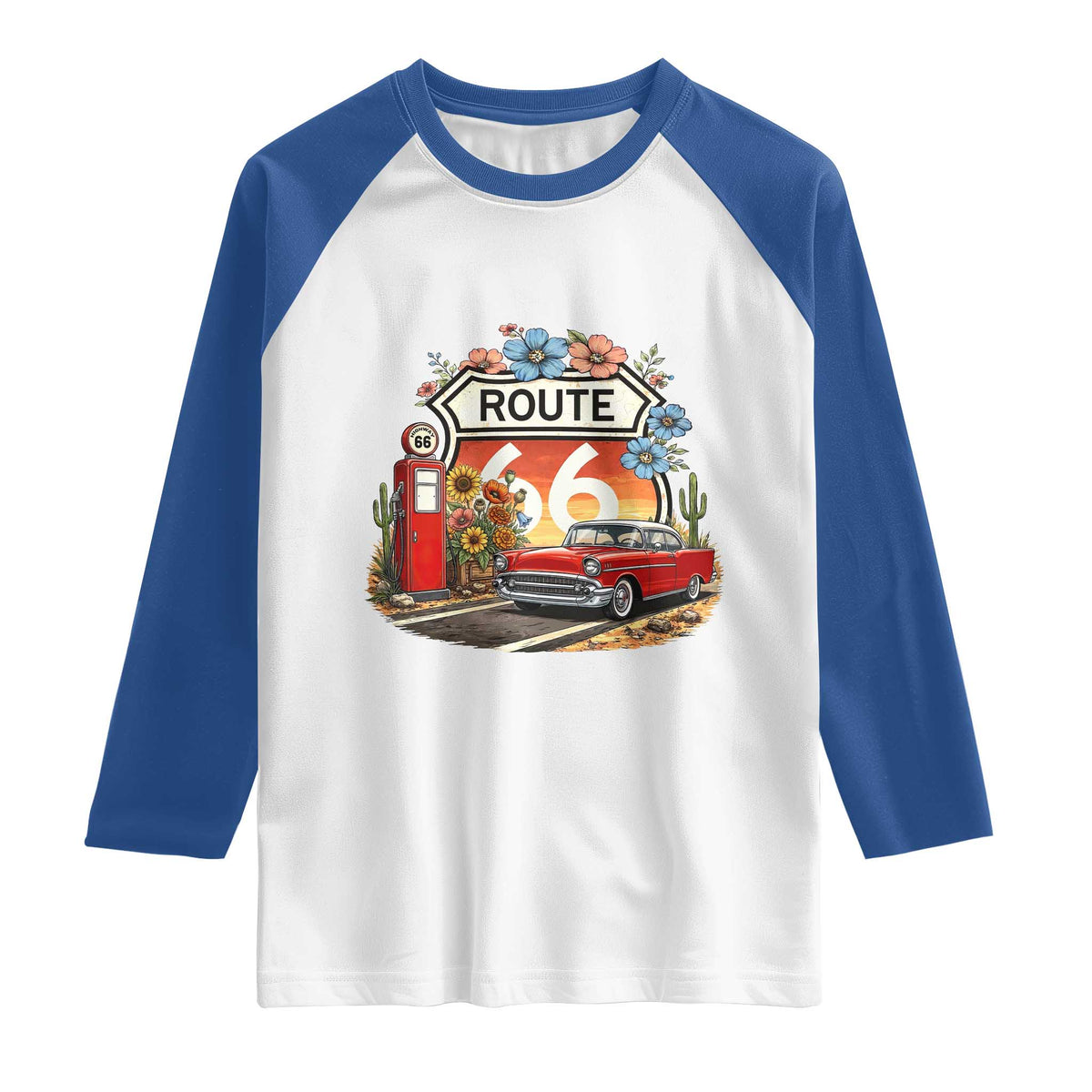 Retro Route Highway 66 Raglan Shirt Boho Wildflower Americana Floral