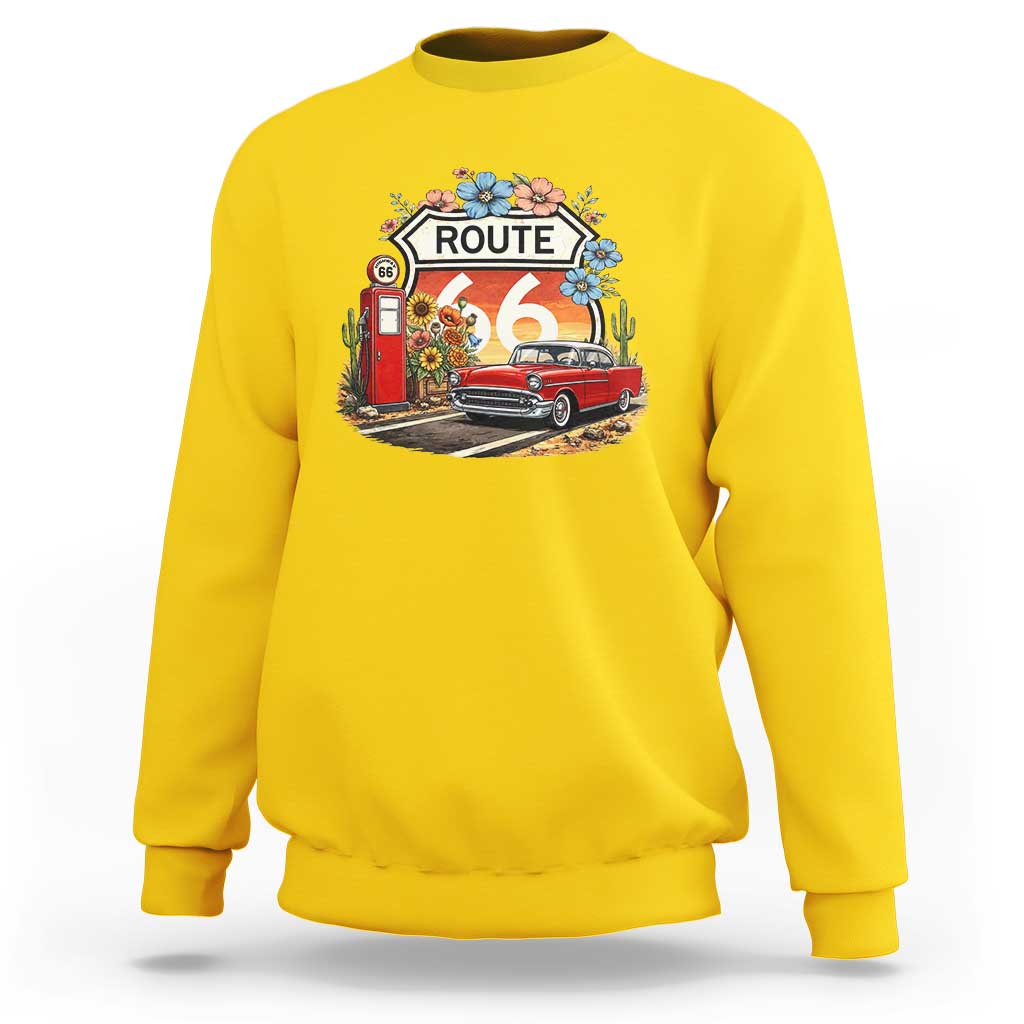 Retro Route Highway 66 Sweatshirt Boho Wildflower Americana Floral