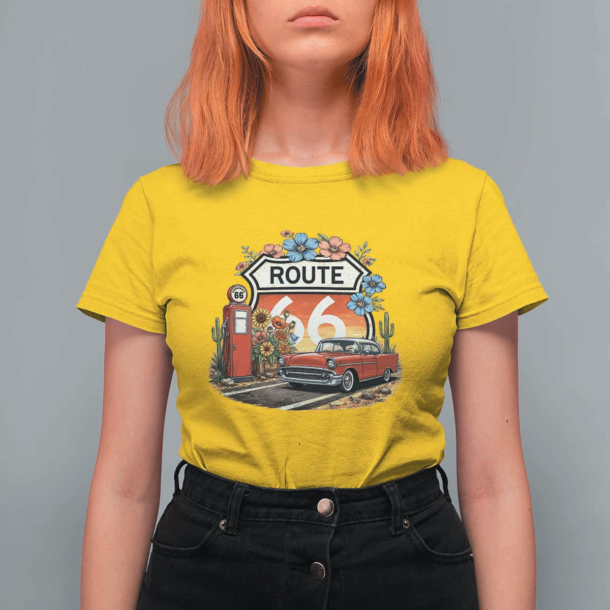 Retro Route Highway 66 T Shirt For Women Boho Wildflower Americana Floral