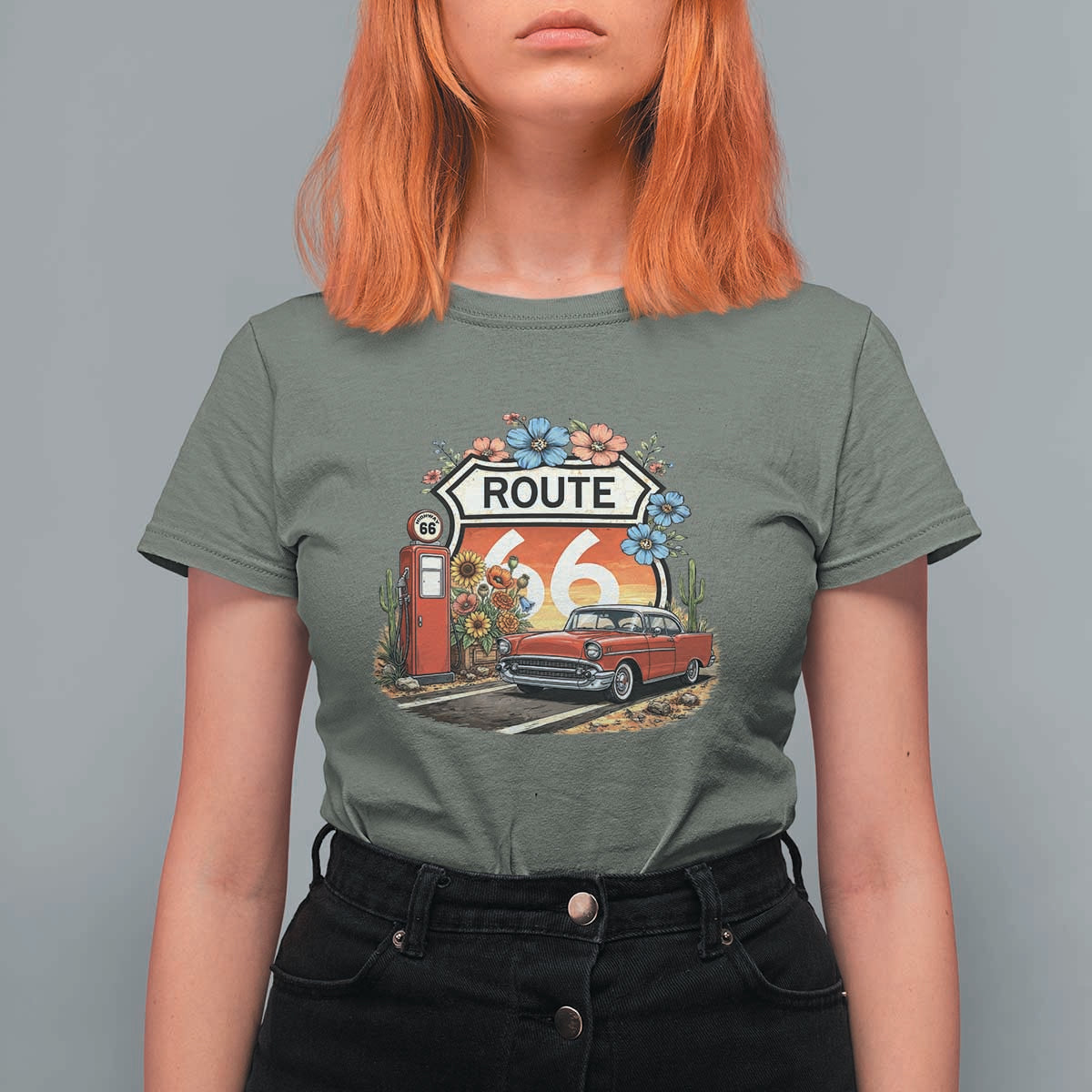 Retro Route Highway 66 T Shirt For Women Boho Wildflower Americana Floral
