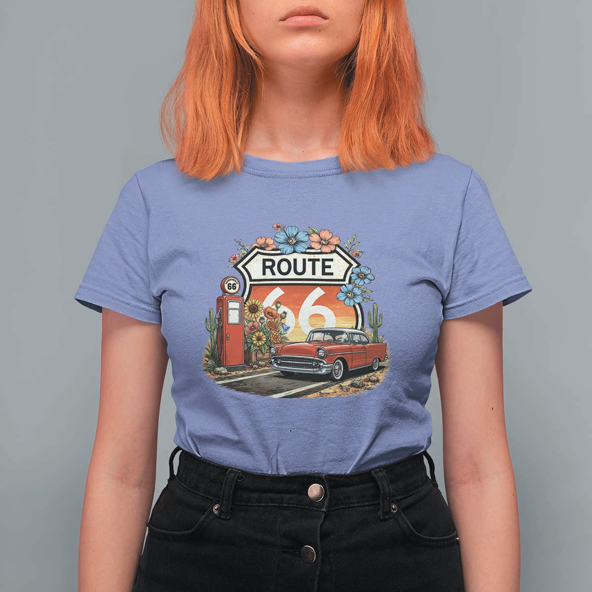 Retro Route Highway 66 T Shirt For Women Boho Wildflower Americana Floral