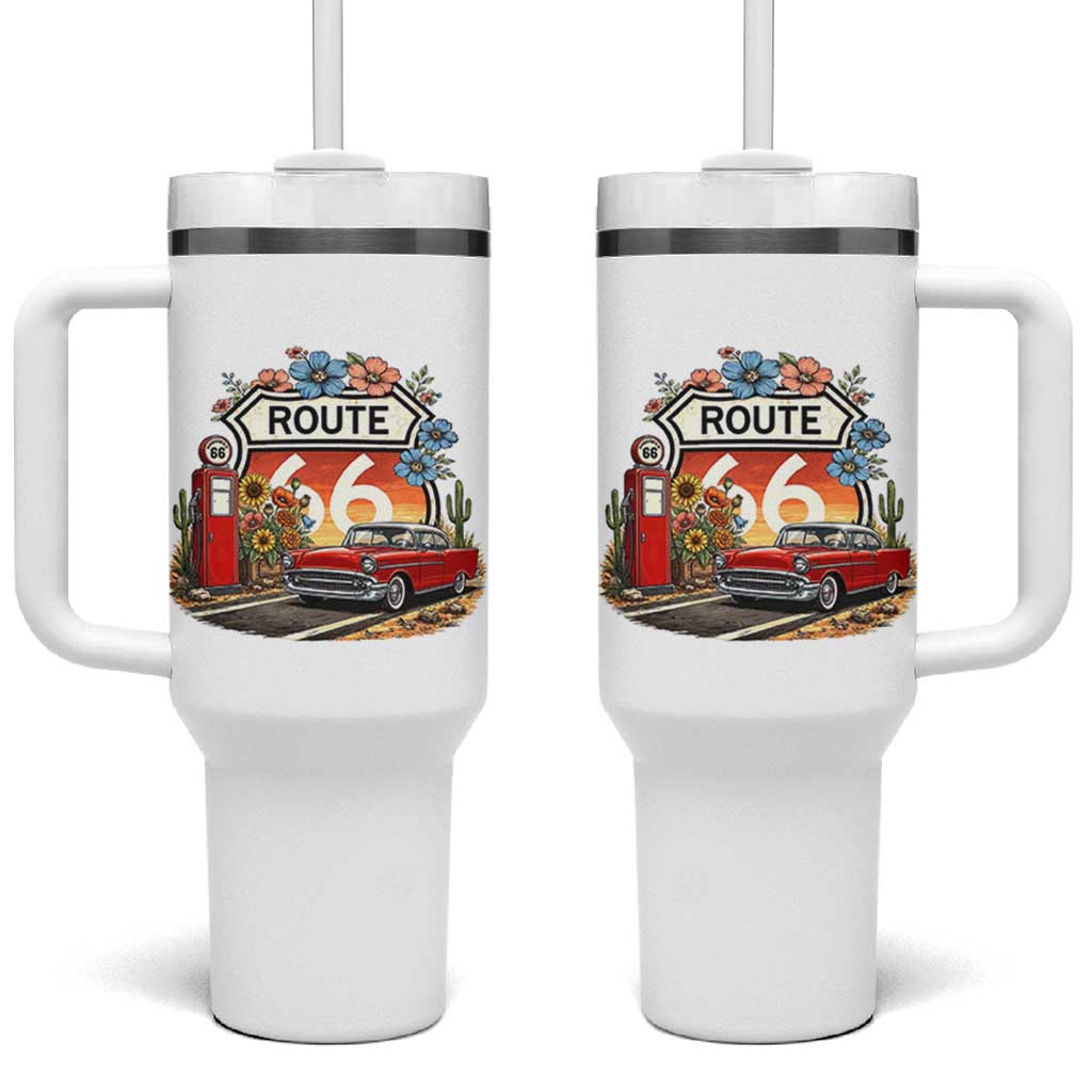 Retro Route Highway 66 Tumbler With Handle Boho Wildflower Americana Floral