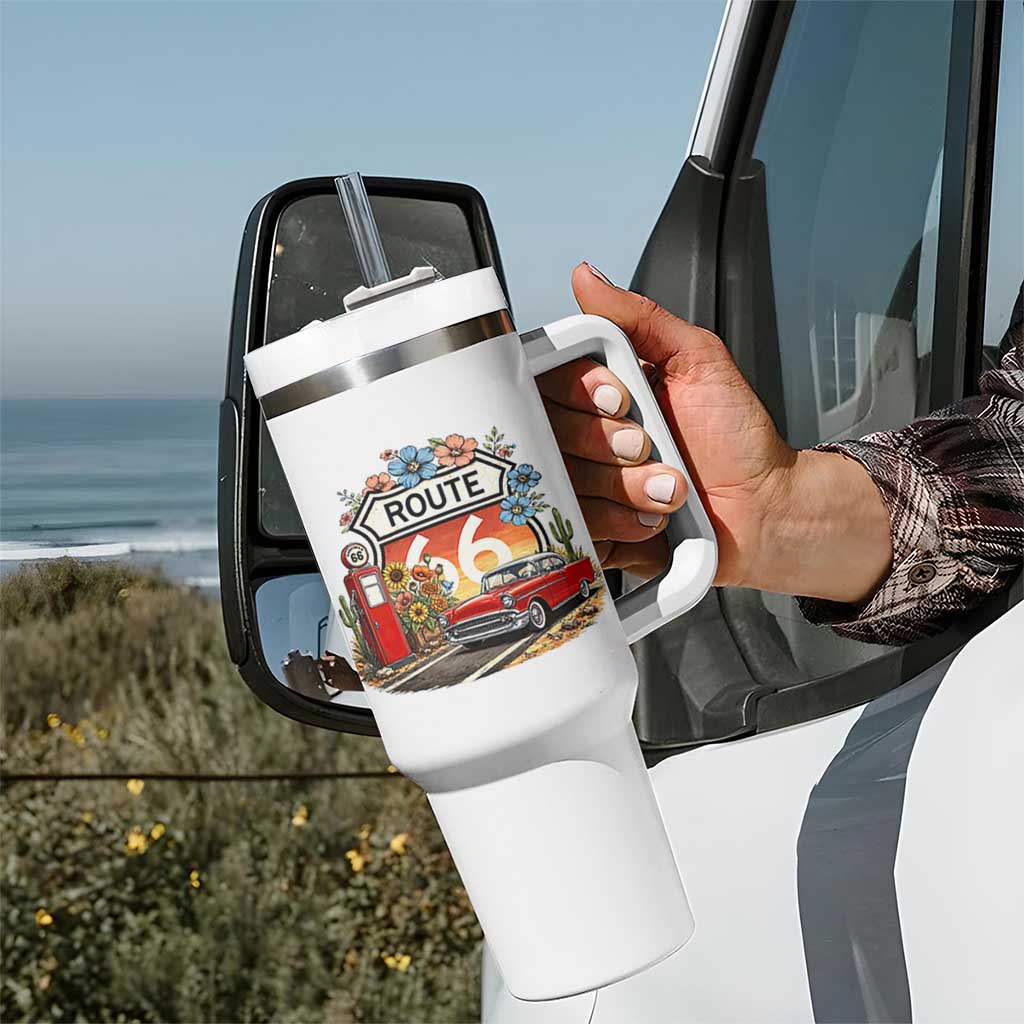 Retro Route Highway 66 Tumbler With Handle Boho Wildflower Americana Floral