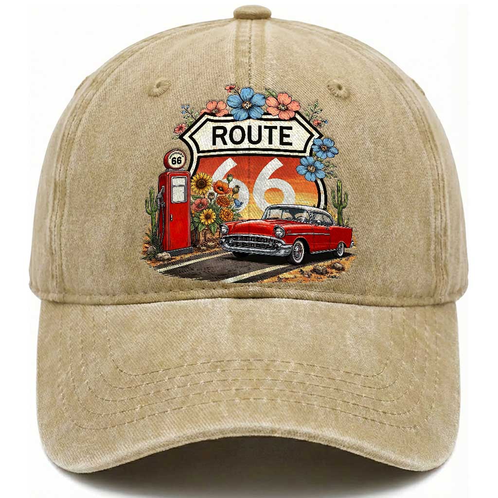Retro Route Highway 66 Washed Cotton Baseball Cap Boho Wildflower Americana Floral