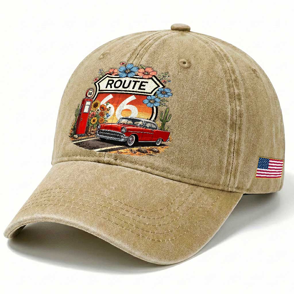 Retro Route Highway 66 Washed Cotton Baseball Cap Boho Wildflower Americana Floral