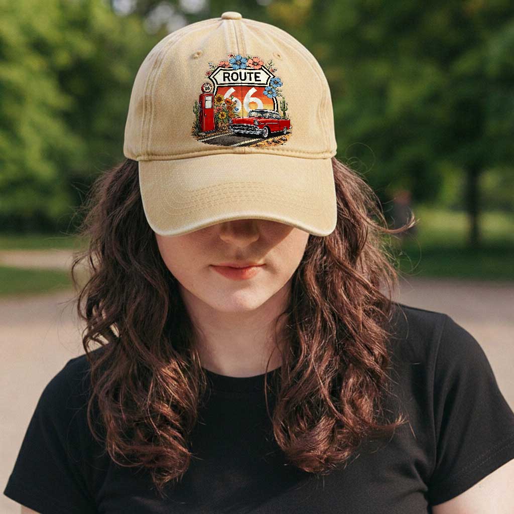 Retro Route Highway 66 Washed Cotton Baseball Cap Boho Wildflower Americana Floral