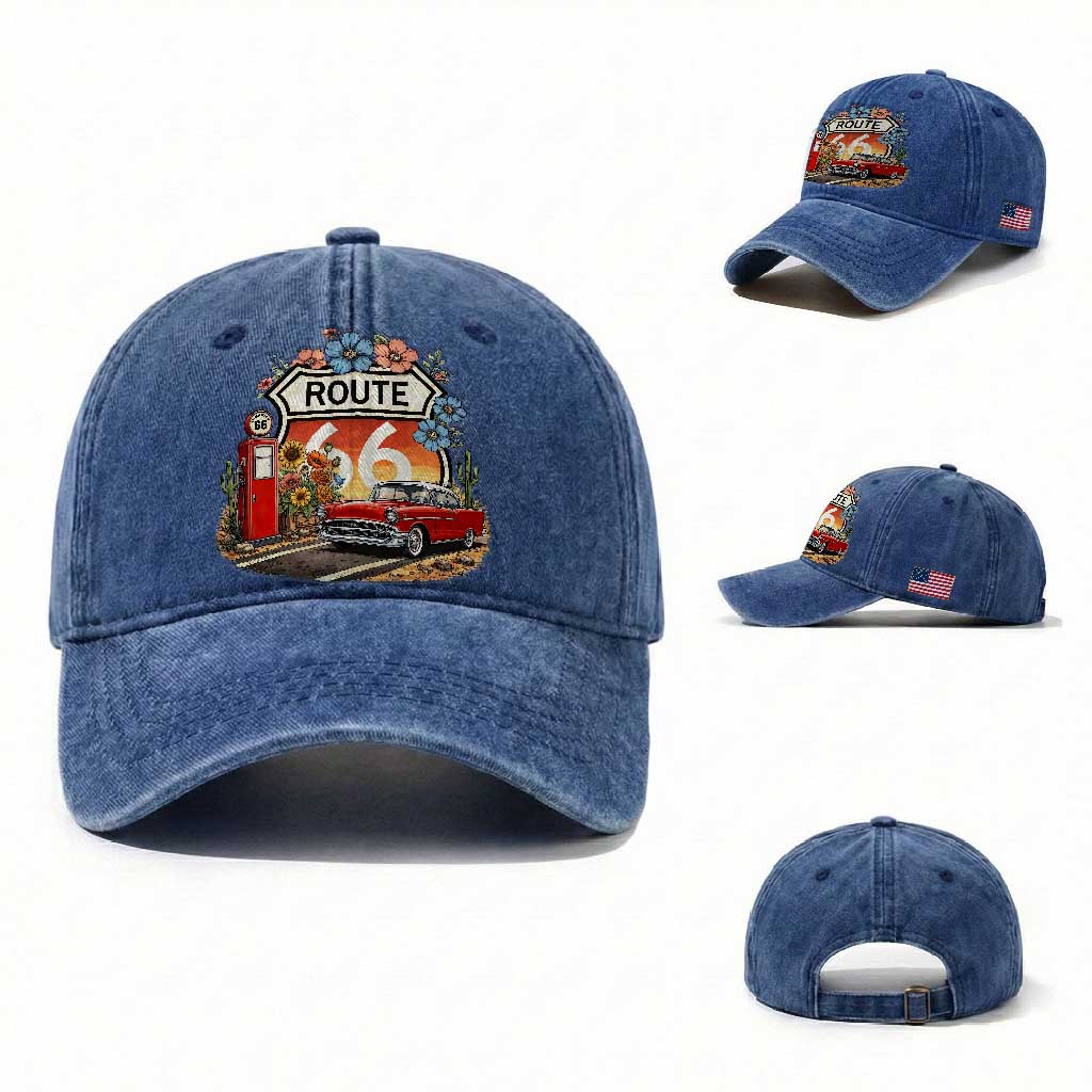 Retro Route Highway 66 Washed Cotton Baseball Cap Boho Wildflower Americana Floral