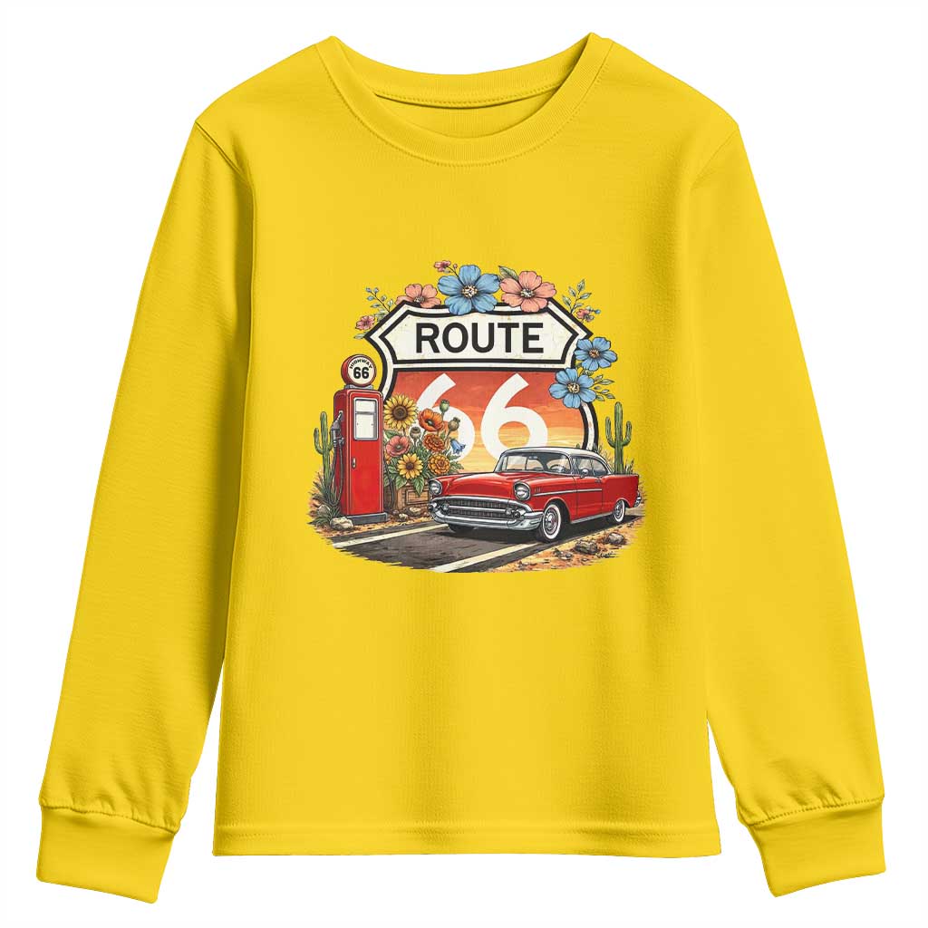 Retro Route Highway 66 Youth Sweatshirt Boho Wildflower Americana Floral