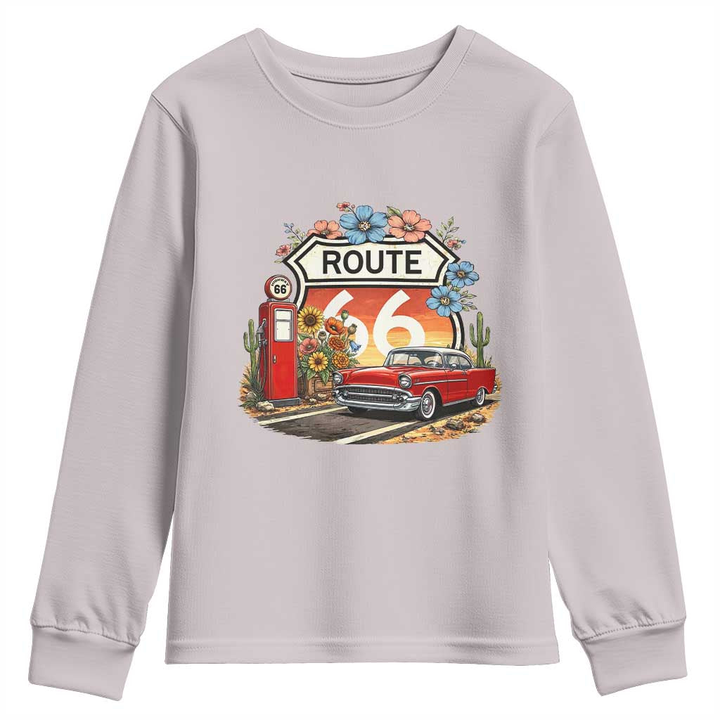 Retro Route Highway 66 Youth Sweatshirt Boho Wildflower Americana Floral