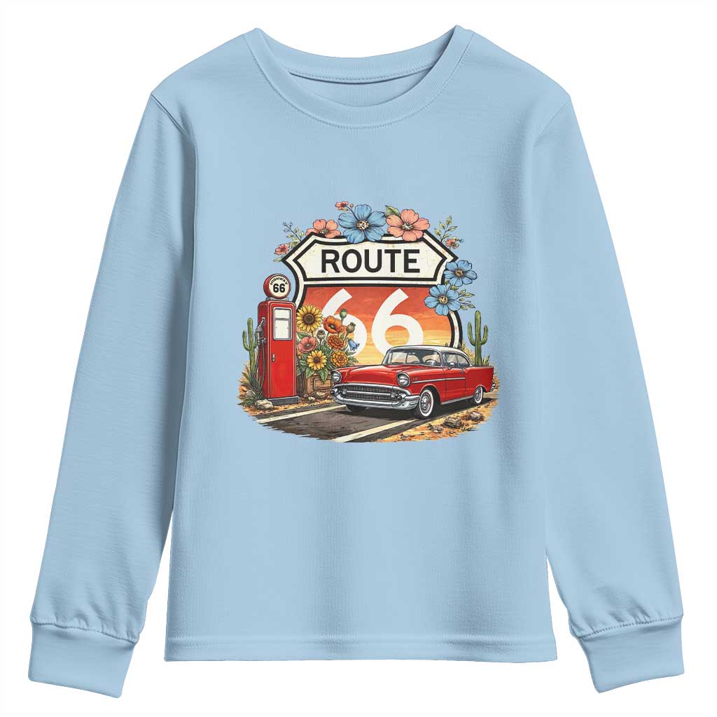 Retro Route Highway 66 Youth Sweatshirt Boho Wildflower Americana Floral
