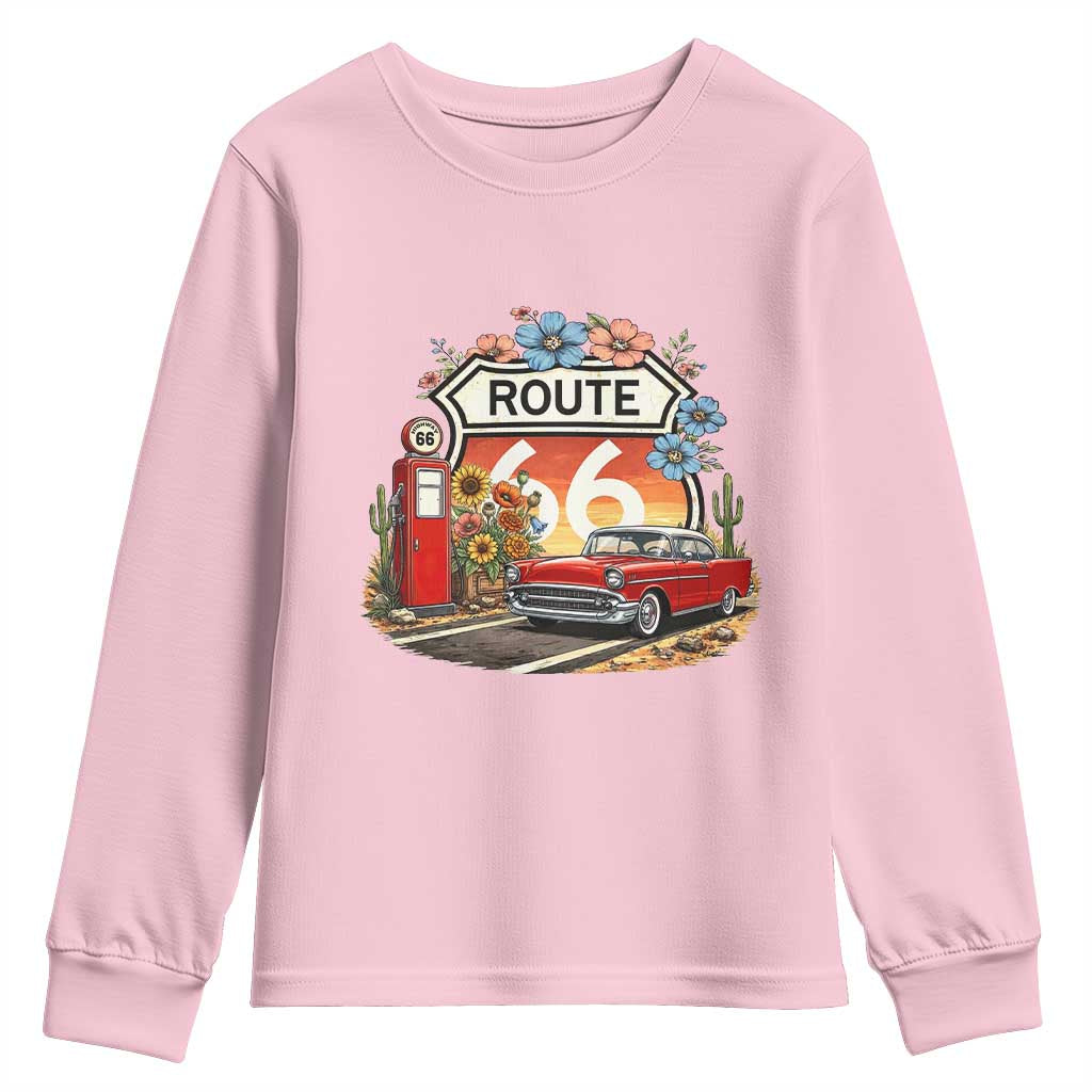 Retro Route Highway 66 Youth Sweatshirt Boho Wildflower Americana Floral