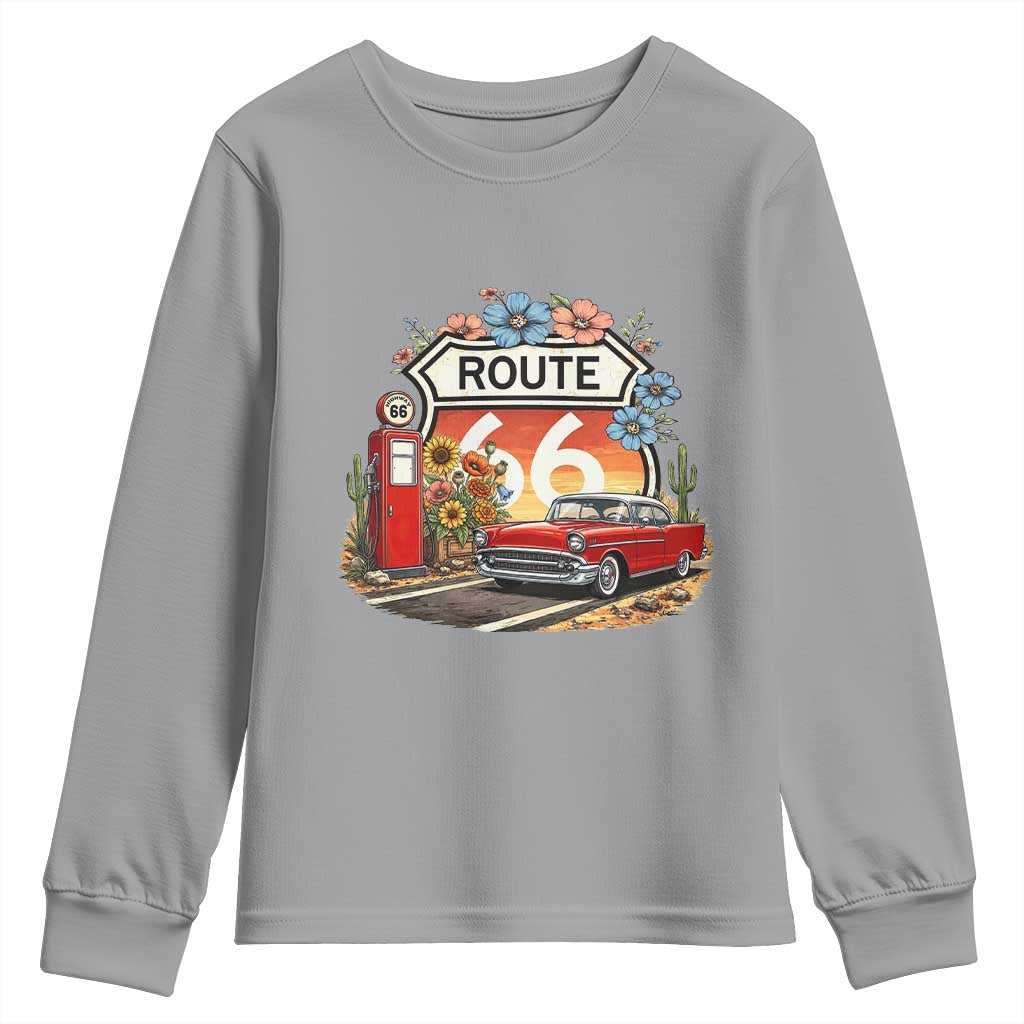 Retro Route Highway 66 Youth Sweatshirt Boho Wildflower Americana Floral