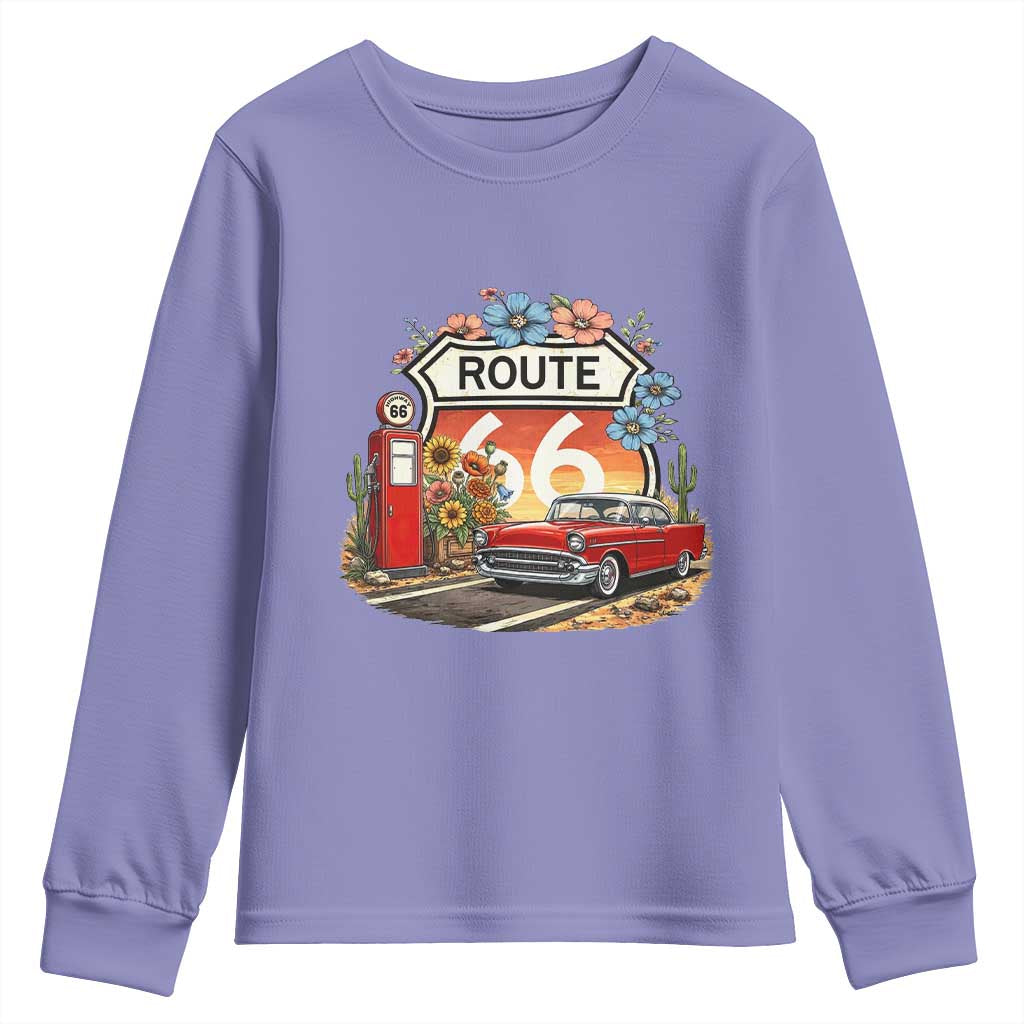 Retro Route Highway 66 Youth Sweatshirt Boho Wildflower Americana Floral