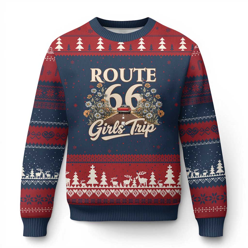 Retro Floral Route Highway 66 Girls Trip Road Trip Ugly Christmas Sweater