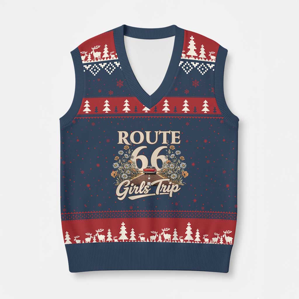 Retro Floral Route Highway 66 Girls Trip Road Trip V-Neck Knit Sweater Vest