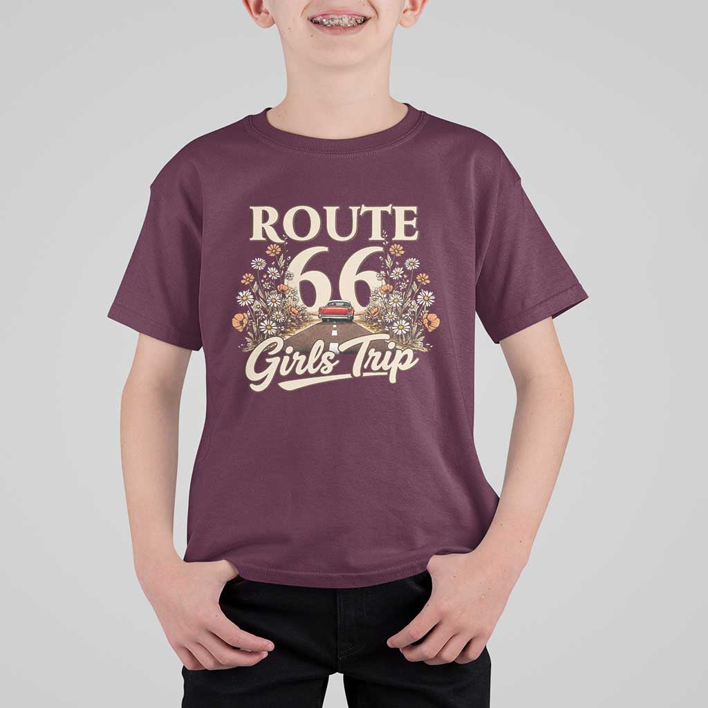 Retro Floral Route Highway 66 Girls Trip Road Trip T Shirt For Kid
