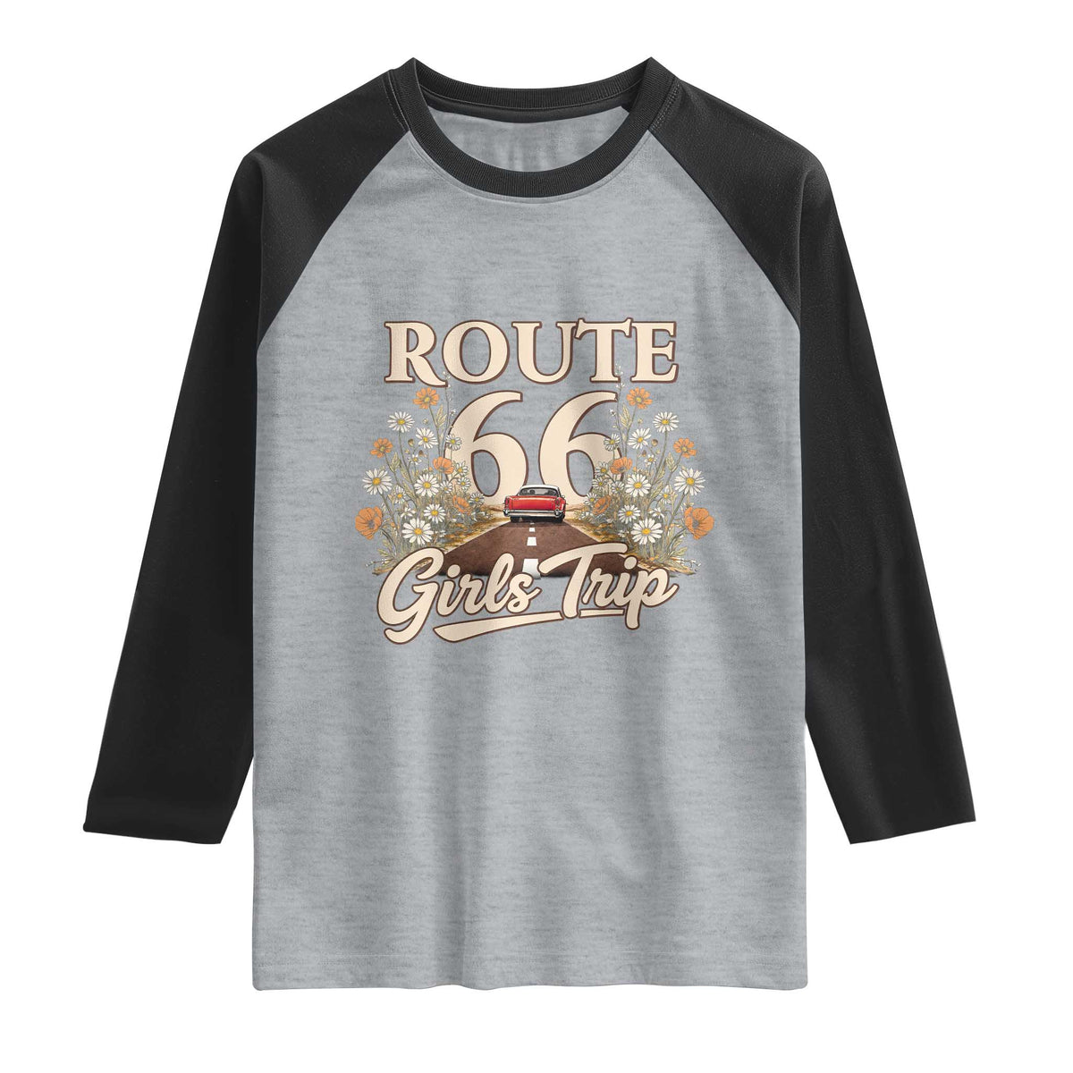 Retro Floral Route Highway 66 Girls Trip Road Trip Raglan Shirt