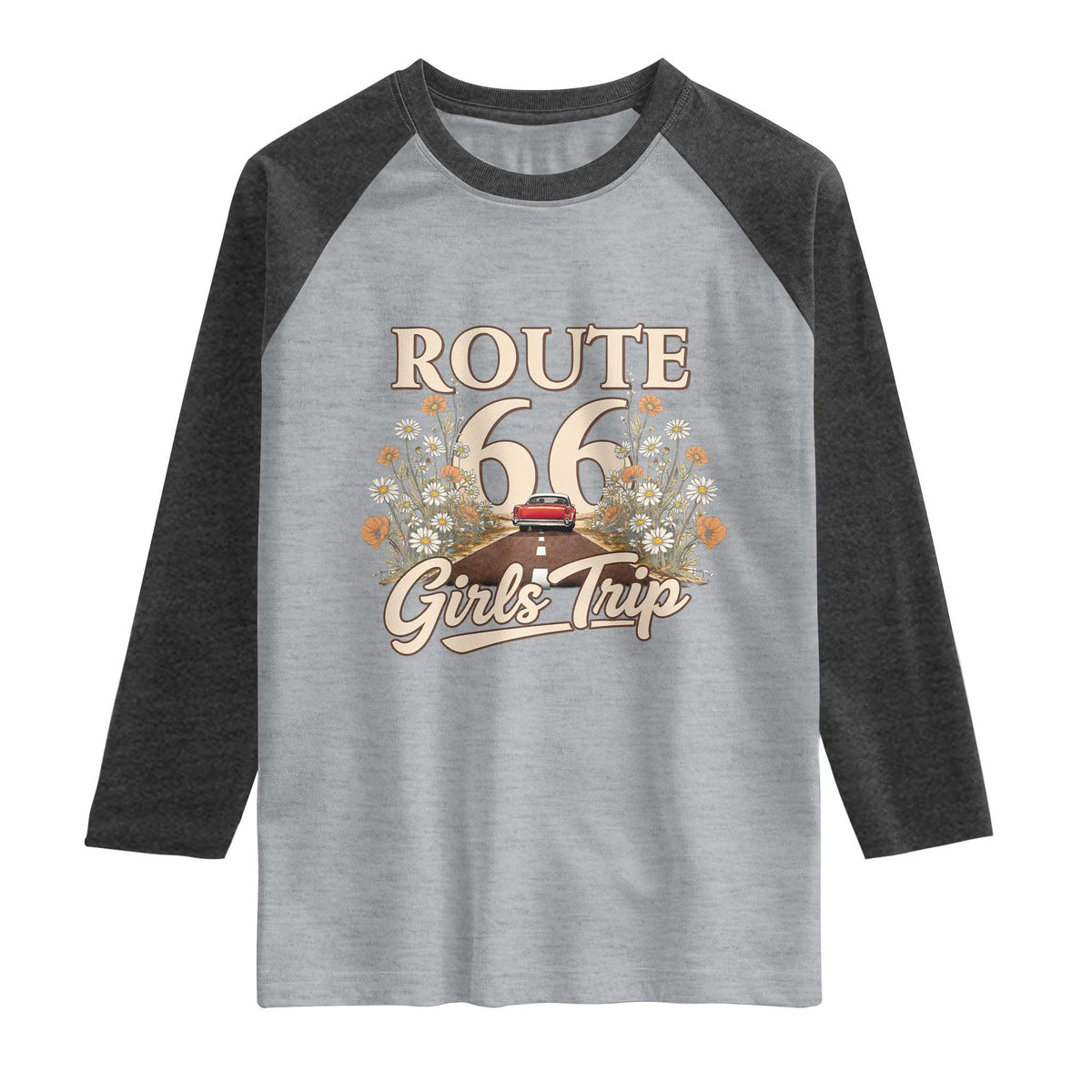 Retro Floral Route Highway 66 Girls Trip Road Trip Raglan Shirt