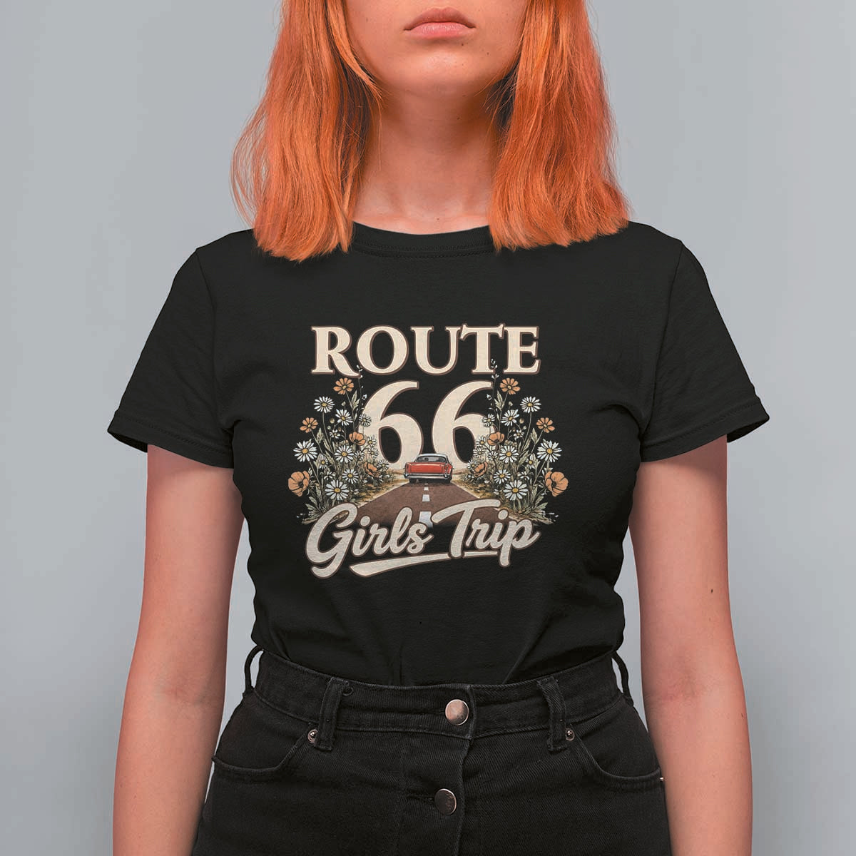 Retro Floral Route Highway 66 Girls Trip Road Trip T Shirt For Women