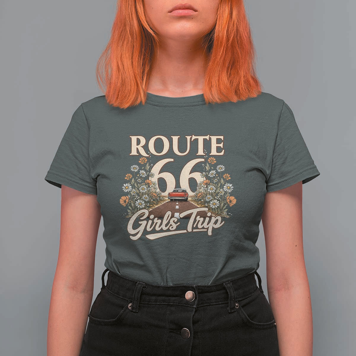 Retro Floral Route Highway 66 Girls Trip Road Trip T Shirt For Women