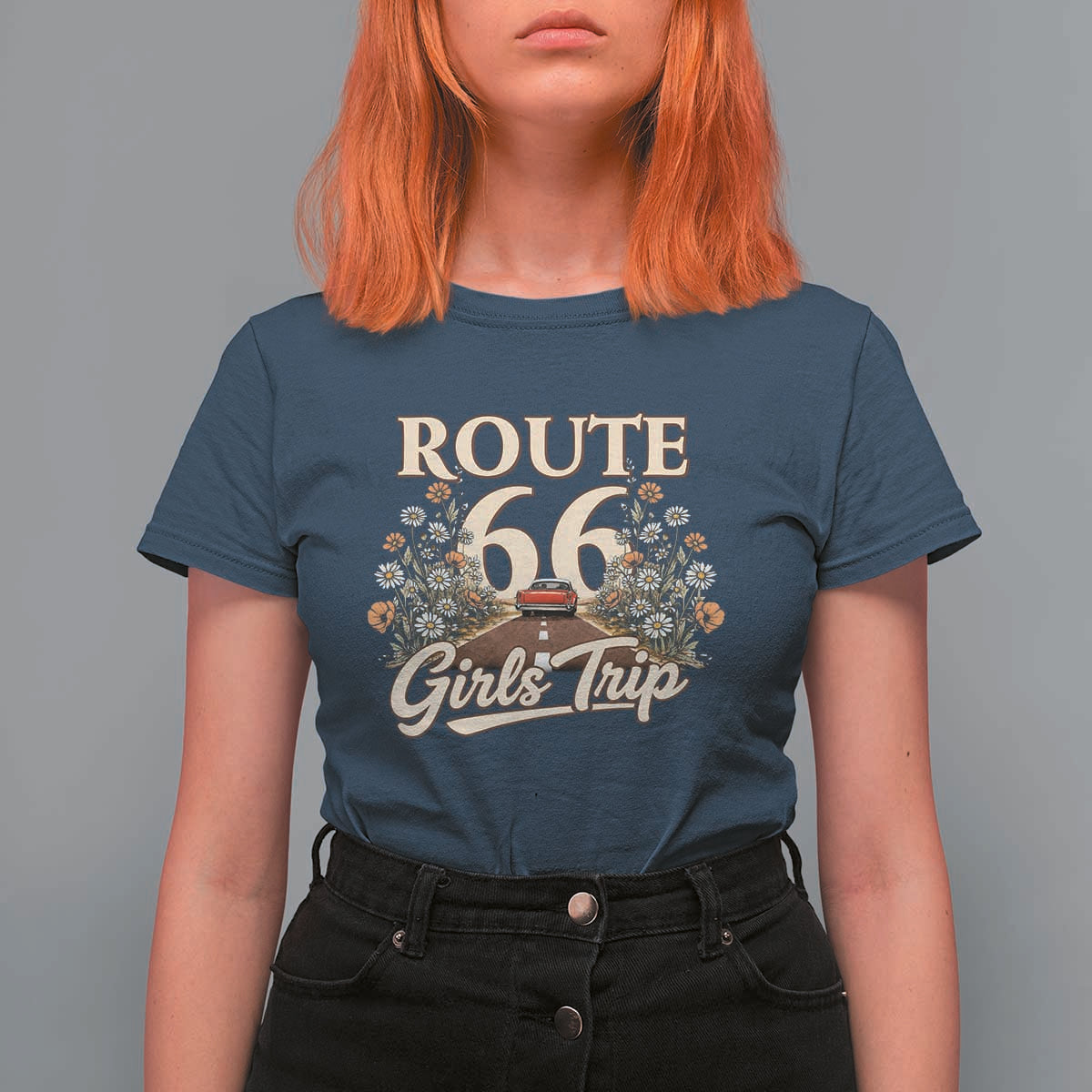 Retro Floral Route Highway 66 Girls Trip Road Trip T Shirt For Women